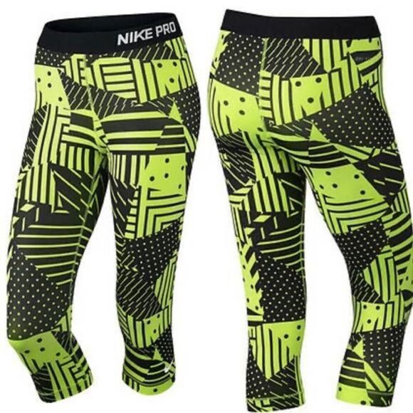 Nike Pro Dri Fit Yellow and Black Crop Legging - Picture 2 of 4